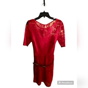 Red Swing Dress Mesh Lace Top Keyhole Back Brown Belt Short Sleeves